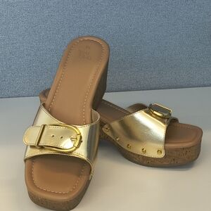 Time and Tru Metallic Gold Cork Wedge Slide Sandals with Buckle Detail